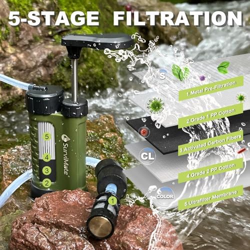 SurviMate Water Purifier Survival Pump，0.01 Micron 5-Stage Water Purifier System，Hand Pump Water Filter Portable Outdoor Emergency，Camping, Hiking, Backpacking - Image 3