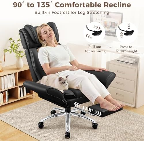 Big and Tall Office Chair, Flip Armrests for Pets & Cross Legged Sitting, Ergonomic Leather Executive Desk Chair with Foot Rest, High-Back Reclining Computer Chairs for Home Office Gaming, Black - Image 6