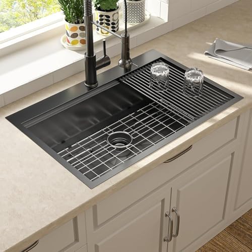 Lordear 30 Inch Black Kitchen Sink Single Bowl Workstation Sinks 16 Gauge All In One 30x22 Kitchen Sinks Stainless Steel Gunmetal Black Sink 30" - Image 2