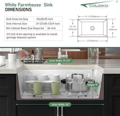 White Farmhouse Sink 33 Inch Fireclay Apron Front Farm Sinks Drop In Undermount Large Deep Farm Country Style Single Bowl Farm Sinks with Luxury Accessory, 33"x20"x10" - Image 6