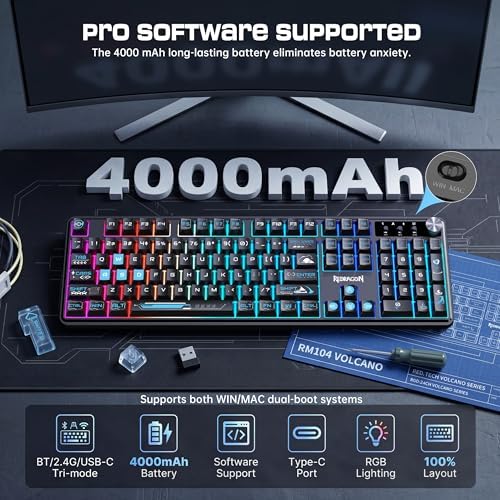 Redragon RM104 Wireless Gaming Keyboard with Knob, Tri-Mode BT/2.4G/USB-C RGB Computer Keyboards, 4000mAh Battery, Programmable Software Support, Anti-Ghosting, Compatible with PC Mac - Black & Blue - Image 6