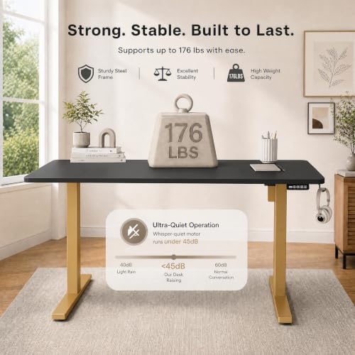 Grandder 55x32 Extra-Deep Electric Standing Desk, Wide Desktop Fits 49" Ultrawide Monitor+Dual Screens, 176 lbs Capacity, 2 Memory Presets, Anti Collision, Computer Desk, Black Top&Gold Frame - Image 7