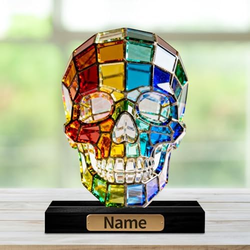 Personalized Acrylic Human Skull Anatomical Decoration Stained Glass Style Colorful Figurine with Custom Name Plate Halloween Desktop Ornament Gifts for Anatomy Lovers & Collectors - Image 2