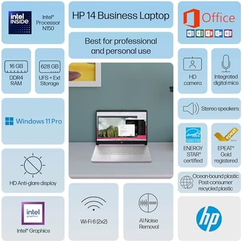 HP 14" Laptop 2025 Business Student Slim Computer, Lifetime MS Office, Copilot AI, Quad-Core Intel CPU, 16GB RAM, 628GB Storage (128GB UFS+500GB Ext), MarxsolAccessory, Wi-Fi 6, Win 11 Pro, Lavender - Image 2