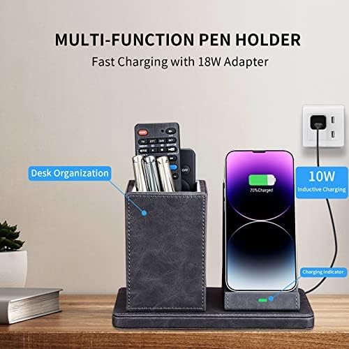 Wireless Charger with Desk Organizer, Wireless Charging Station for iPhone 13/13 Pro Max/13 Pro/12 Series/11/XS Max/XR/X/8Plus/SE 2, Wireless Charging Stand with Leather… (Gray) - Image 2