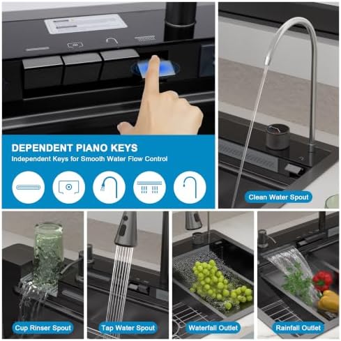 33"x22" Drop In Waterfall Kitchen Sink - Gunmetal Black NANO-PVD, 16 Gauge 304 Stainless Steel, Ledge Workstation Single Bowl Top Mount Smart Waterfall Sink with Faucet Combo & Glass Rinser - Image 6
