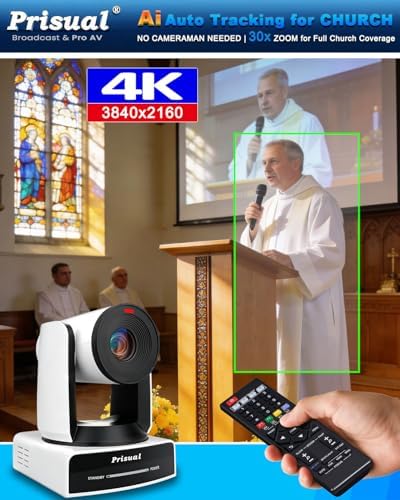 Prisual 4K60 NDI HX3 AI Auto Tracking PTZ Camera, 30X Optical Zoom, Freed, PoE+, 3G-SDI, HDMI, USB, LAN, Metal Housing, Synchronous Belt Drive for Church Worship, Auditorium. TEM-4K30N PRO - Image 4