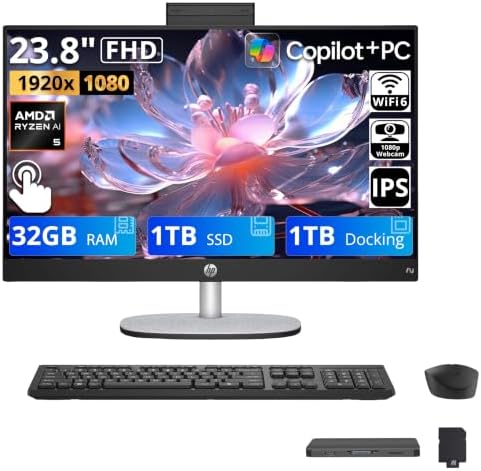 HP 23.8" FHD Touchscreen All-in-One Desktop AI PC, AMD Ryzen AI 5 340, 32GB DDR5, 2TB Storage (1TB SSD+1TB Docking Station), FHD IR Camera, Wi-Fi 6, Wireless Keyboard & Mouse, Win 11, Black by Unknown