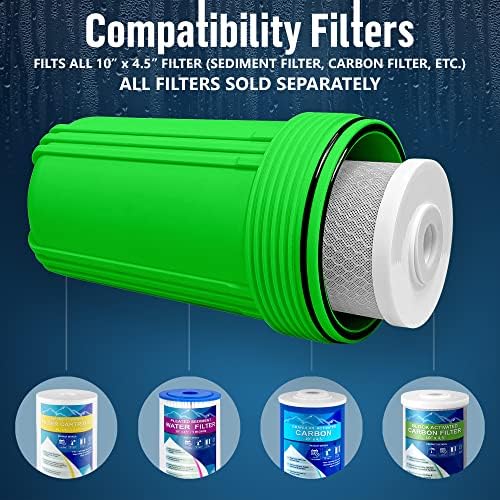 High Capacity 10 x 4.5” Whole House Filter Purifier System for Well or City Water, Presser Relief Button, 1” NPT Brass Port, Double O-Ring, Meets NSF Standards & Regulations (Green, 3 Sets) - Image 5