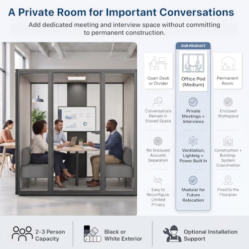 Uncaged Ergonomics Medium Office Pod, 2-Person Acoustic Office Phone Booth with Ventilation, LED Lighting and Power, Black - Image 4