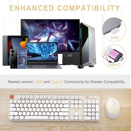 Wireless Keyboard and Mouse Combo, Ergonomic Full Size Typewriter Retro Round Keycaps Keyboard, Compatible with Windows, PC, Perfer for Home and Office Keyboards (Beige - Image 2