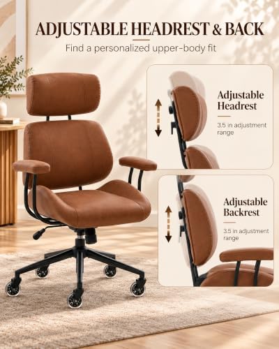 E-Motie Mid-Century Modern Desk Chair, Brown Ergonomic Leather Office Chair - Image 5