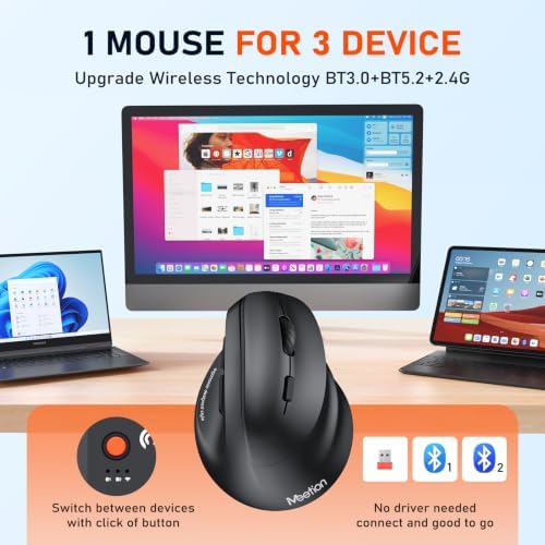 MEETION Ergonomic Wireless Vertical Mouse, Rechargeable, Black - Image 3