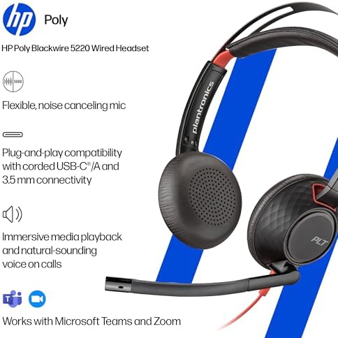 Poly Blackwire 5220 Wired Headset - Flexible Boom Mic - Noise Cancelling Headphones with Mic - USB-C, USB-A, 3.5mm - Ergonomic Over-Ear Design - Works with Microsoft Teams, Zoom - Work from Home - Image 2
