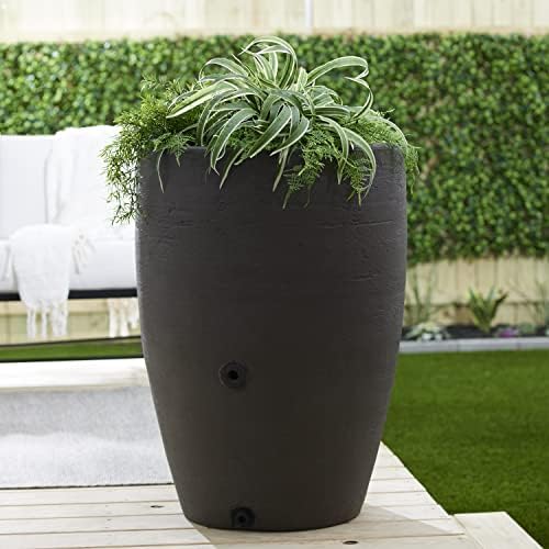 Algreen Plastic Rain Barrel, 50 Gallon Drum - Rainwater Tank w/Brass Spigot & Screen Guard for Rain Water Collection & Storage - Athena, Brownstone - Image 2