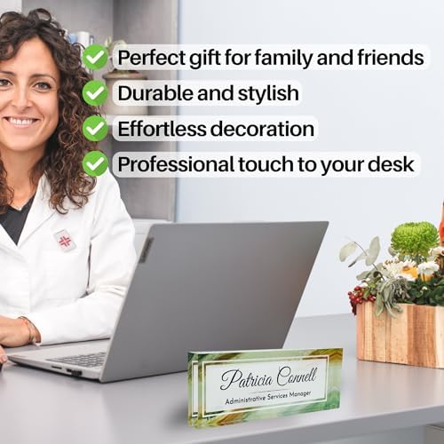 Customized Clear Acrylic Thick 8x3" Desk Name Plate Block with Personalized Logo - Professional Office Decor - Customized Acrylic Plate Gift for Teacher Co-workers (Green Wave) - Image 4