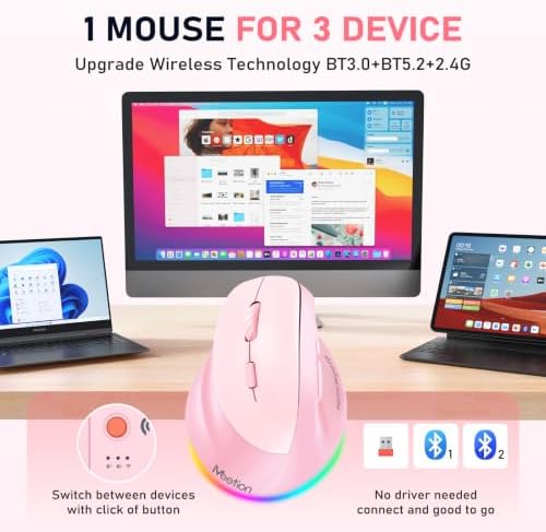 MEETION Left-Handed Wireless Ergonomic Vertical Mouse, Rechargeable - Pink - Image 3