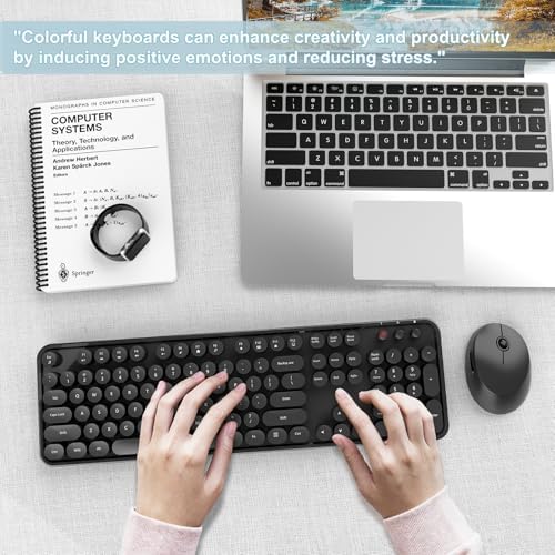 Wireless Keyboard and Mouse Combo, Ergonomic Full Size Typewriter Retro Round Keycaps Keyboard, Compatible with Windows, PC, Perfer for Home and Office Keyboards (Black - Image 7