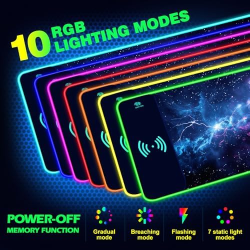 AIMSA RGB Gaming Mouse Pad with Wireless Charging, Large Keyboard Mouse Pad with 14 LED Light Modes, Non-Slip Rubber Base Waterproof Desk Pad for Home Office Decor, Blue Purple Cosmic Nebula - Image 2