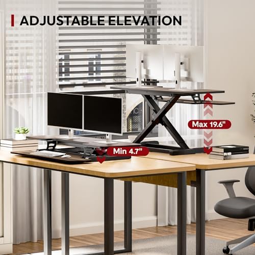 SANODESK 42" Standing Desk Converter, Large Sit-Stand Riser for Dual Monitors & Laptop, Stable Multi-Device Workstation with Keyboard Tray, Home Office Desktop Converter, Walnut - Image 4