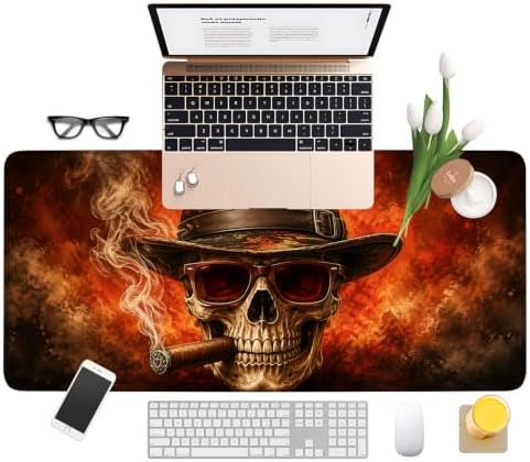 Halloween Smoking Skull Extended Gaming Mouse Pad 35.4"x15.7" Large Extended Pad Desk Mat Anti-Slip Rubber Base & Durable Stitched Edges for Gamers Smooth Mouse Pad Writing Surface - Image 3