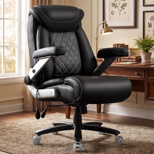600LBS Large Big and Tall Office Chair, Heavy Duty Wide Ergonomic Gaming Office Chair with 5D Flip Arms, Comfy PU Leather Executive Office Desk Chair, Extra Wide Padded Seat, Adjustable Lumbar by Unknown