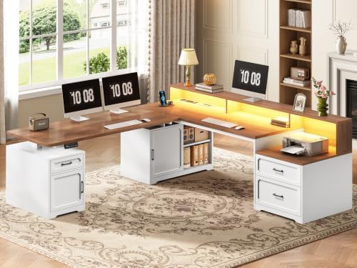 SEDETA Farmhouse L Shaped Standing Electric Desk with Storage, White by SEDETA