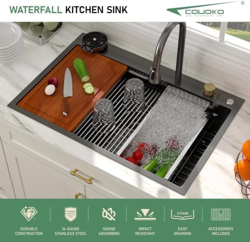 33x22 Black Drop In Waterfall Kitchen Sink with Accessories - Image 2
