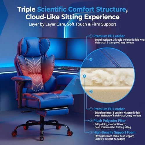 Big and Tall Gaming Office Chair 400lbs - Heavy Duty Ergonomic Computer Desk Chair with Footrest, Adjustable Armrests, High Back PU Leather with Racing Style (Blue/Red) - Image 7