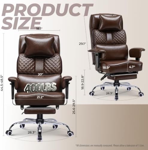 GTPLAYER Big and Tall Office Chair 400lbs Heavy Duty Wide Ergonomic Gaming Chair with Footrest, High Back Computer Chairs with Adjustable Armrests, Executive Desk Chairs with Lumbar Support, Brown - Image 3
