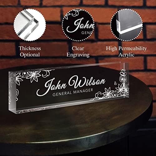 Personalized Desk Name Plate, Custom Acrylic Glass Name Plates for Desks, Office Desk Decor Nameplate, Desk Accessories, Teacher Boss Coworkers Employee Appreciation Gift (Engraved Flower 3) - Image 6
