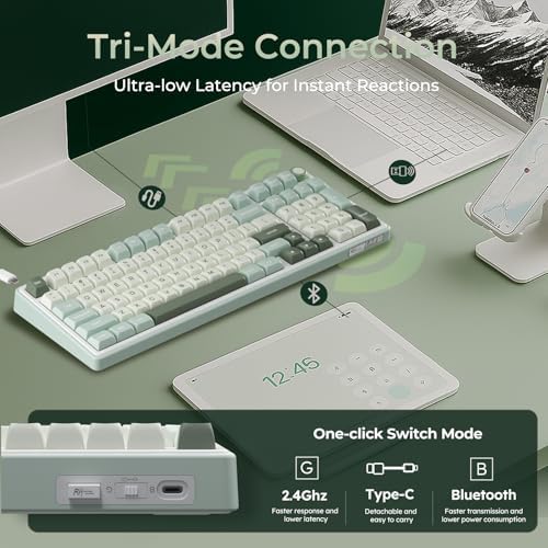 RK ROYAL KLUDGE R98 Pro Wireless Mechanical Keyboard, Creamy Bluetooth/2.4GHz/Wired RGB Gaming Keyboard with Number Pad and Knob, MDA Profile PBT Keycaps, Gasket Hot Swappable Tactile Switch, Green - Image 3