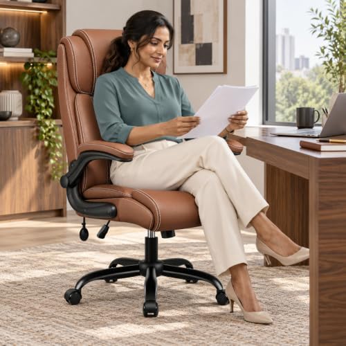 BESTFAIR High Back Leather Office Chair with Air Lumbar, Flip Arms, Brown - Image 2