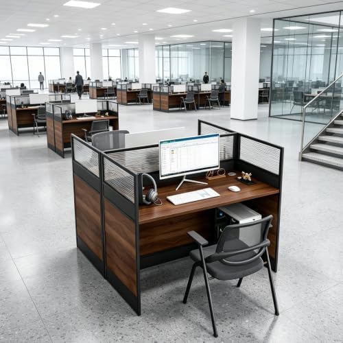 2-Person Office Cubicle Workstation Desk with Mute Privacy Panels & Cable Management, Computer Cubicles Desk for Home & Commercial Office Use, Walnut Finish by Unknown