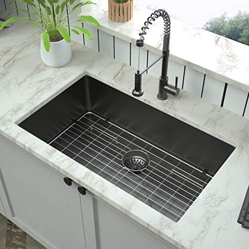 Mocoloo 33 Black Undermount Kitchen Sink 33x19 Gunmetal Black 16 Gauge Stainless Steel Deep Round Corner Under Counter Single Bowl Kitchen Sinks Handmade Basin - Image 3