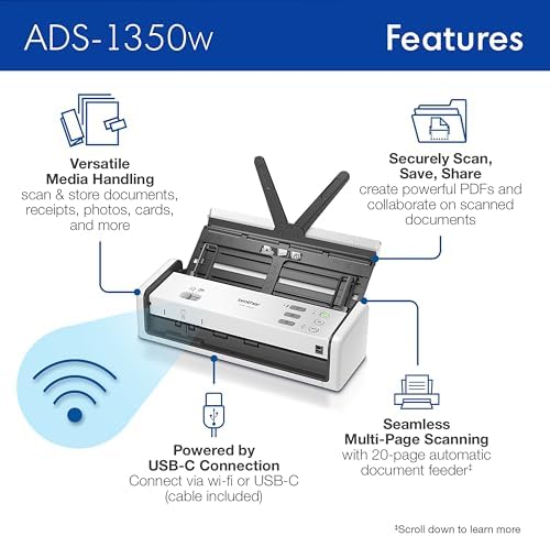 Brother ADS-1350W Wireless Compact Desktop Scanner | Scan Speeds of Up to 30ppm | Single Pass Double-Sided Scanning (Renewed Premium) - Image 3