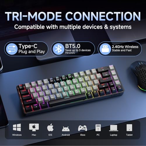 DIERYA DK68 60% Wireless Mechanical Gaming Keyboard, 3-Mode, Bluetooth 5.0/2.4G/USB-C, RGB Backlit, 68-Key Compact Mini for Windows, Mac, Linux - Linear Red Switch - Black/Grey - Image 2