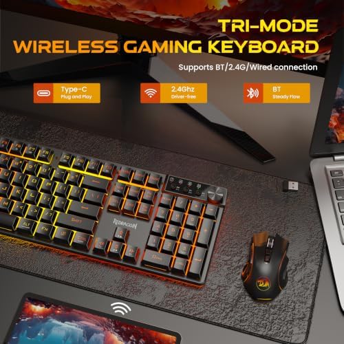 Redragon K521KS Wireless Gaming Keyboard, Tri-Mode BT/2.4G/USB-C RGB Mechanical Feeling Keyboard with Multimedia Keys, 4000mAh Battery, Anti-Ghosting, Compatible with PC - Upgrade - Image 2