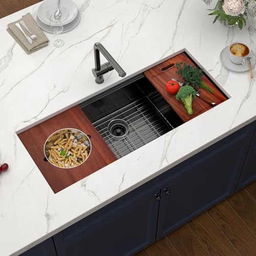 45x19 Black Undemrount Workstation Kitchen Sink with Mixng Bowl - Image 2