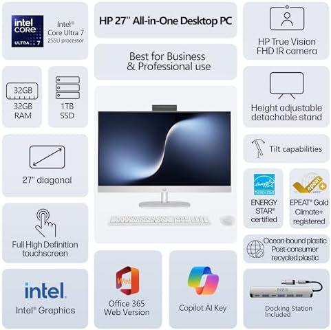 HP 27” FHD Touchscreen All-in-One – Everything to Just Work, Intel Core Ultra 7 155U, 32GB DDR5, 1TB SSD, Free Web Office, HDMI & Ethernet, Windows 11 Pro, USB-C Docking Station Included - Image 2