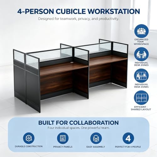 4-Person Office Cubicle Workstation Desk with Mute Privacy Panels & Cable Management, Computer Cubicles Desk for Home & Commercial Office Use, Walnut Finish - Image 4