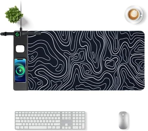 VOVIPO 3 in 1 Wireless Charging Mouse Pad, Gift for Dad/Office Manager,Wireless Charger Compitable with iPhone/Watch/airpods. Wireless Charging Desk Mat 90 x 40cm,Black Topographic Computer Desk Pad by VOVIPO