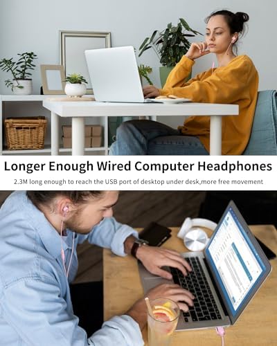 USB Earbuds with Microphone for PC Laptop,USB A Headphones,Pink - Image 5