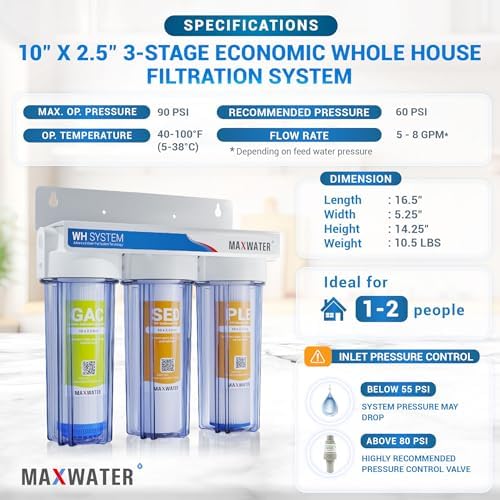 Max Water 3 Stage (Good for City & Cottage Water) 10 inch Standard Water Filtration System for Whole House - Pleated Sediment + Sediment + GAC - ¾ Inlet/Outlet - Model : WH-SC7 - Image 2