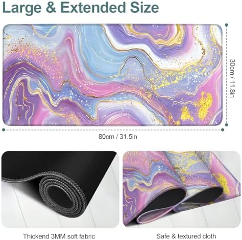 Pink Purple Marble Gaming Mouse Pad 31.5"x11.8" Large Extended Pad Desk Mat Anti-Slip Rubber Base & Durable Stitched Edges for Gamers Smooth Mouse Pad Writing Surface for Desk Office/Home - Image 2