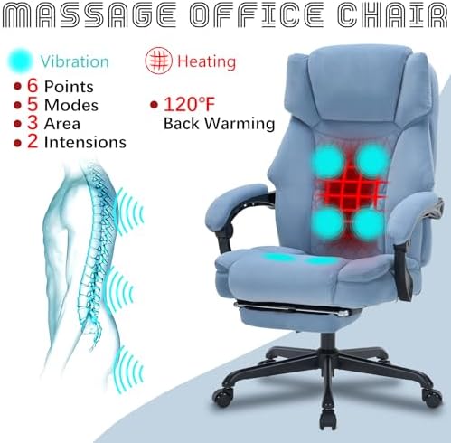 Massage Office Chair with Foot Rest 6 Points Vibration and Heat Home Office Desk Chairs for Heavy People 400lbs Reclining Managerial Chairs Ergonomic Executive Chair (Dustyblue) - Image 4