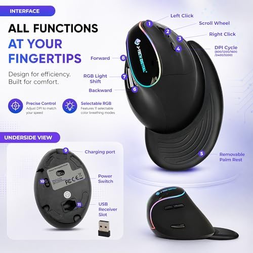 J-Tech Digital Ergonomic Mouse with Wireless Connection, Removable Palm Rest, Thumb Buttons, Rechargeable Battery, 800 DPI, Compatible with Windows and MAC OS - Image 4