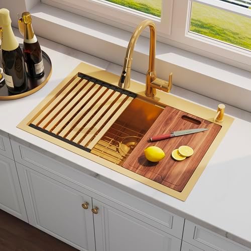 33 Inch Gold Drop In Single Bowl Workstation Handmade Kitchen Sink by Quikore