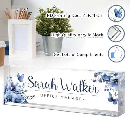 Desk Name Plate Personalized, Custom Name Plates for Desks, Office Desk Decor, Flowers Clear Acrylic Glass Block, Personalized Office Gifts for Women Men Boss Teachers Coworkers Appreciation Gifts - Image 3