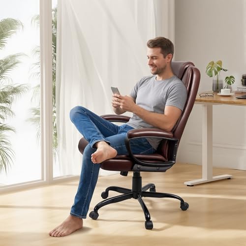Office Chair, High Back Ergonomic Home Office Desk Chairs with Lumbar Support, Adjustable Big and Tall Computer Chair, 360° Swivel, PU Leather, Brown - Image 4